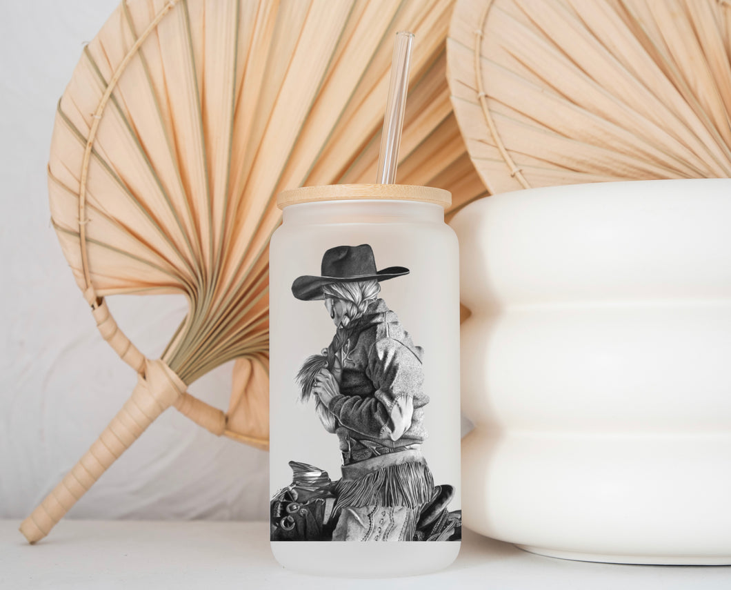 Glass Coffee Cup - B & W Cowgirl