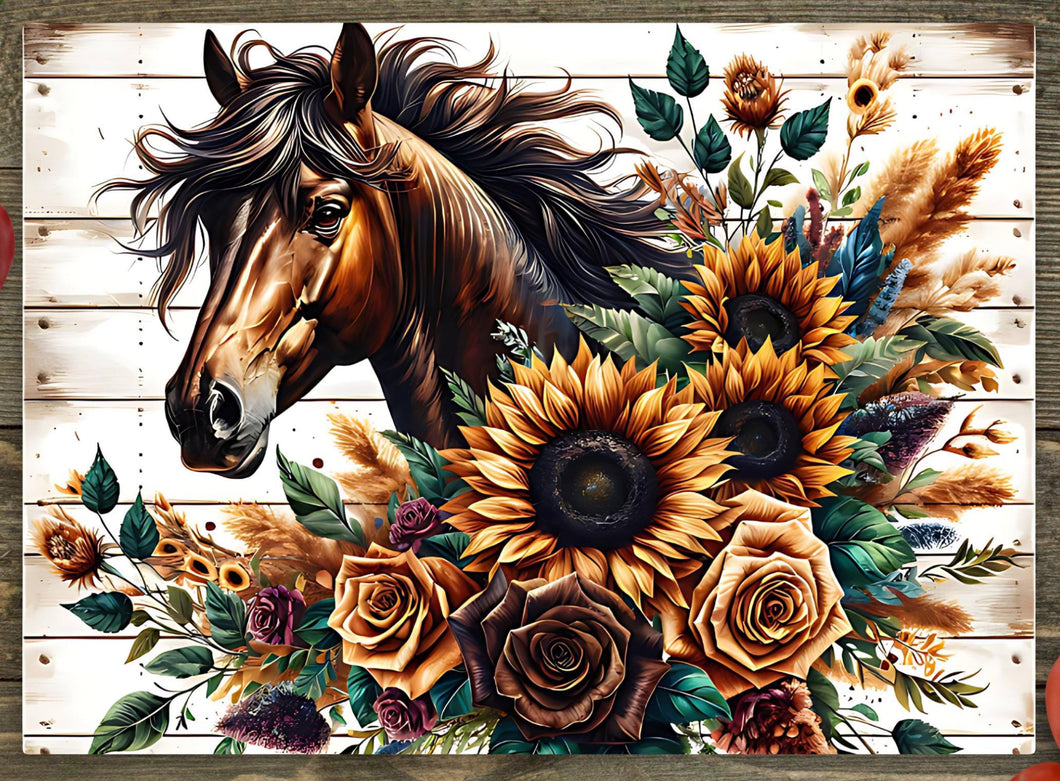 Glass Chopping Board - Rustic Sunflower Horse