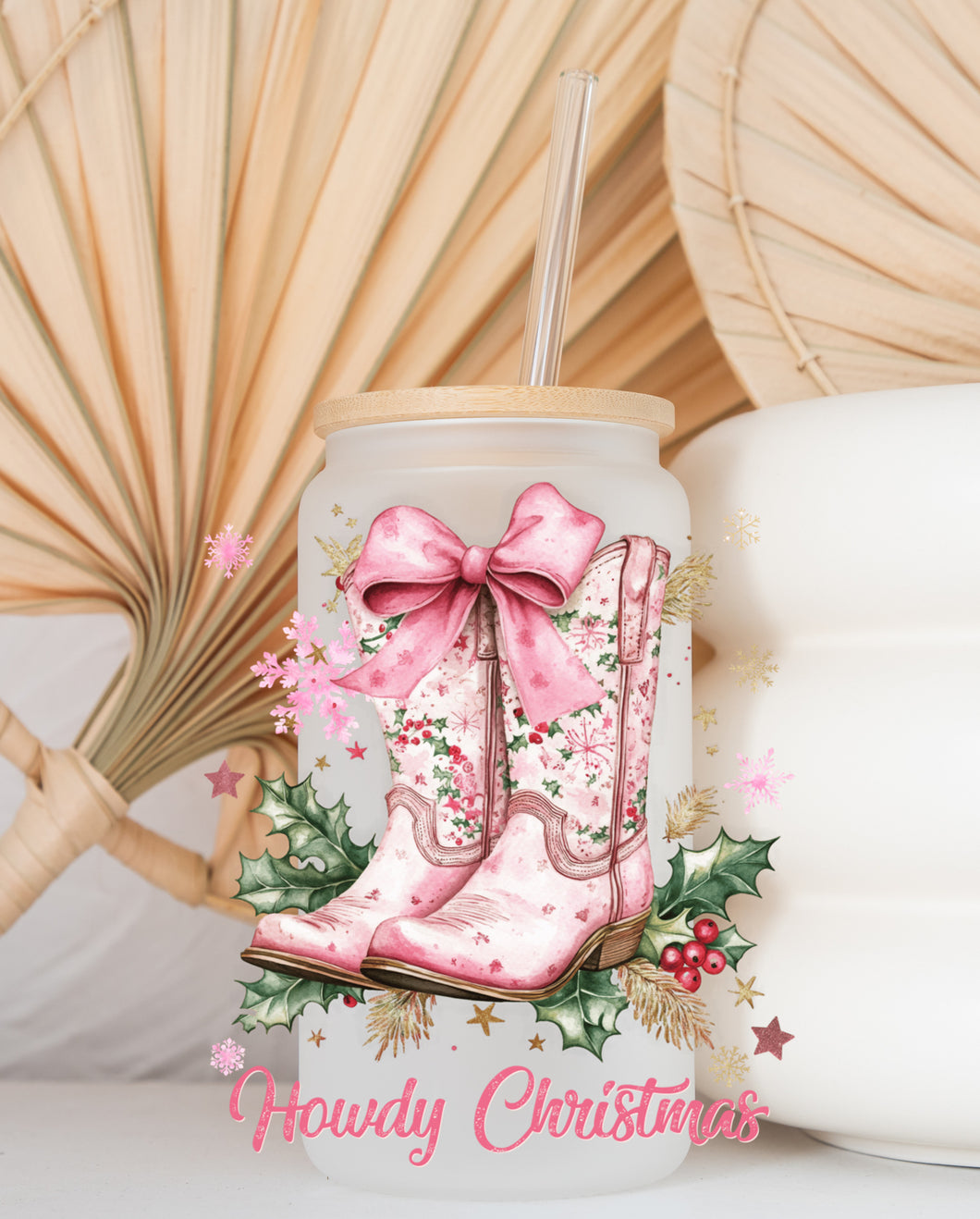 Glass Coffee Cup - Pink Xmas Boots