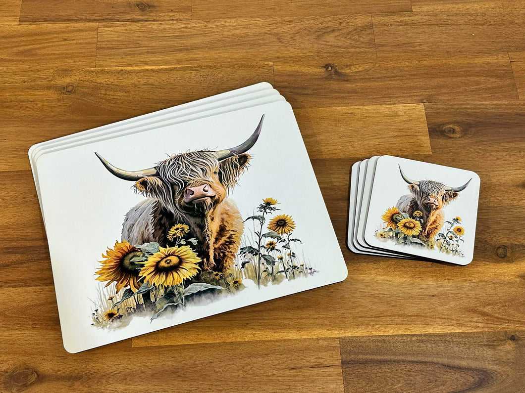 Placemat & Coaster Set - Sunflower Highland Cow