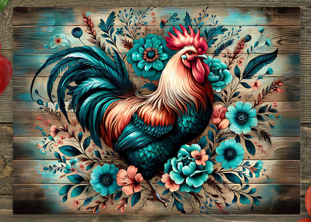 Glass Chopping Board - Turquoise Rooster
