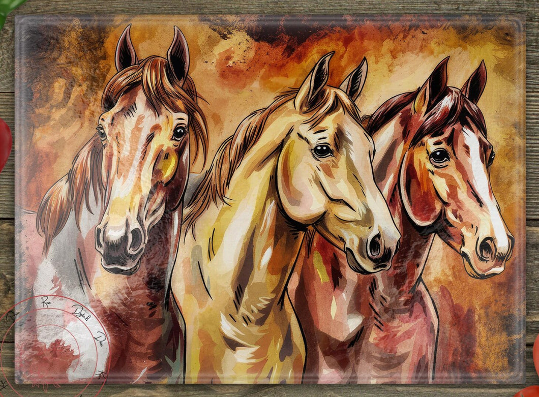 Glass Chopping Board - Watercolour Horses