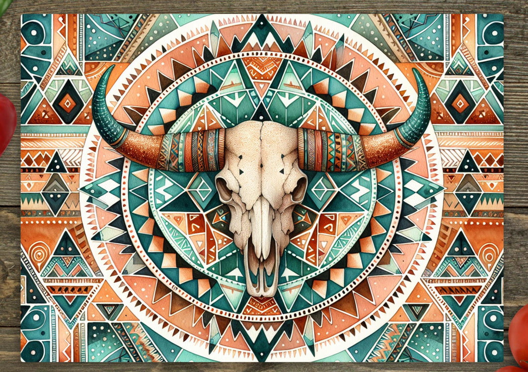 Glass Chopping Board - Aztec Bull Skull
