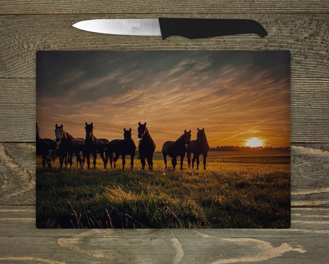 Glass Chopping Board - Sunset Horses