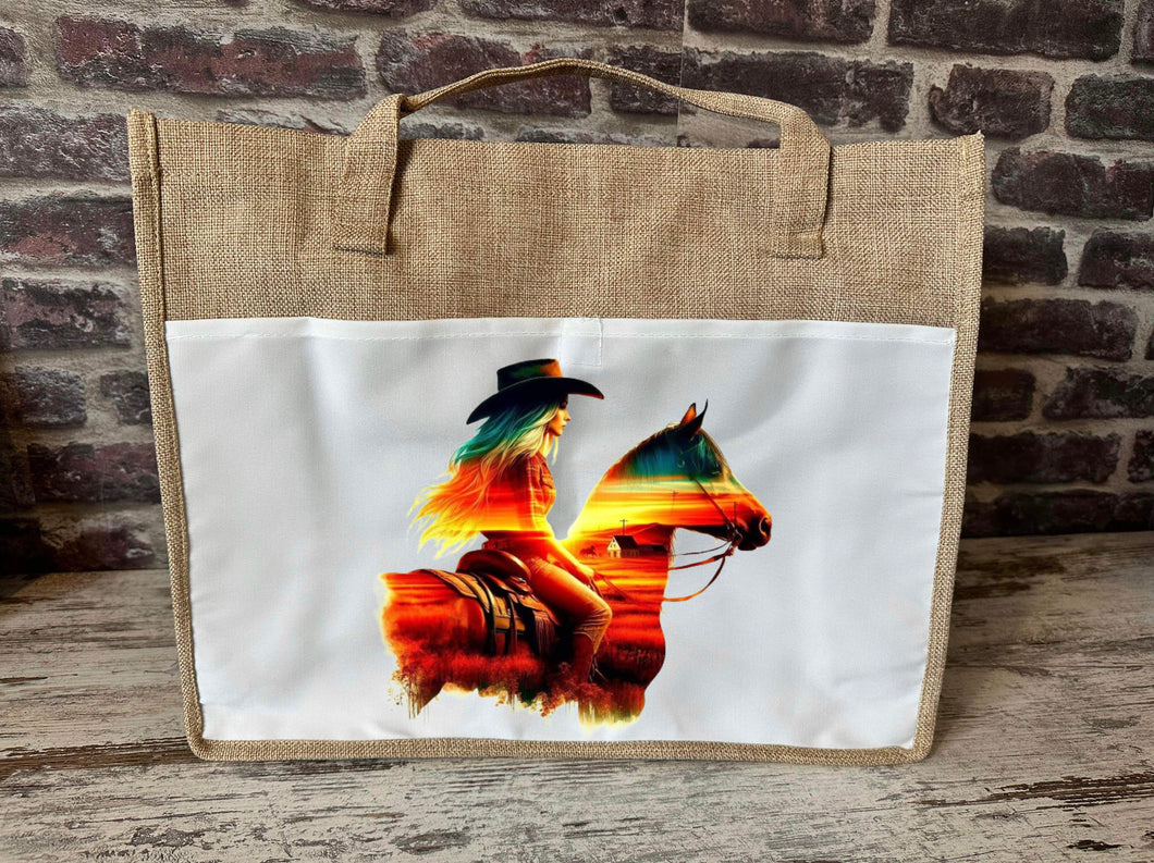 Large Canvas Tote Bag - Sunset Cowgirl