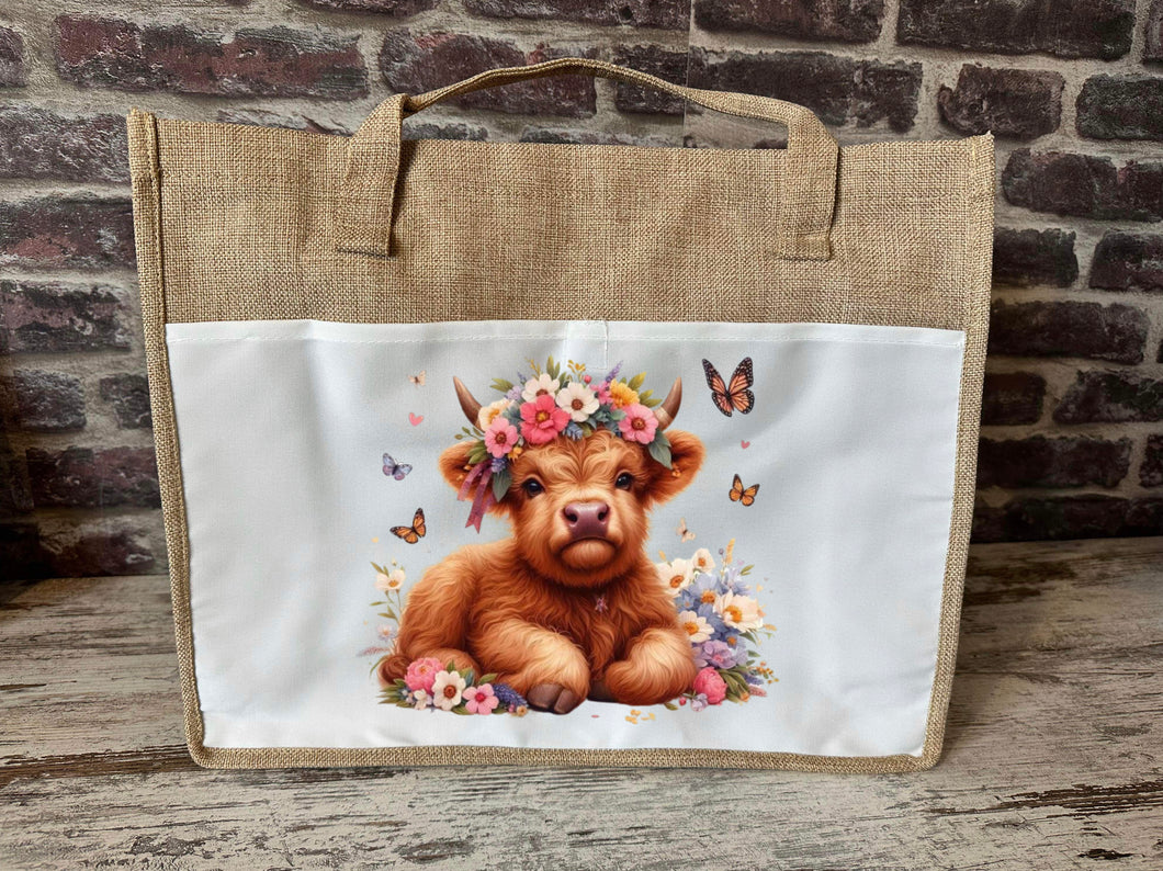 Large Canvas Tote Bag - Floral Highland Calf