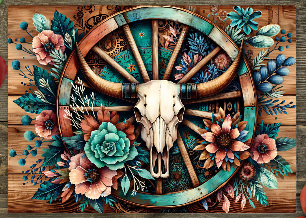 Glass Chopping Board - Turquoise Bull Skull