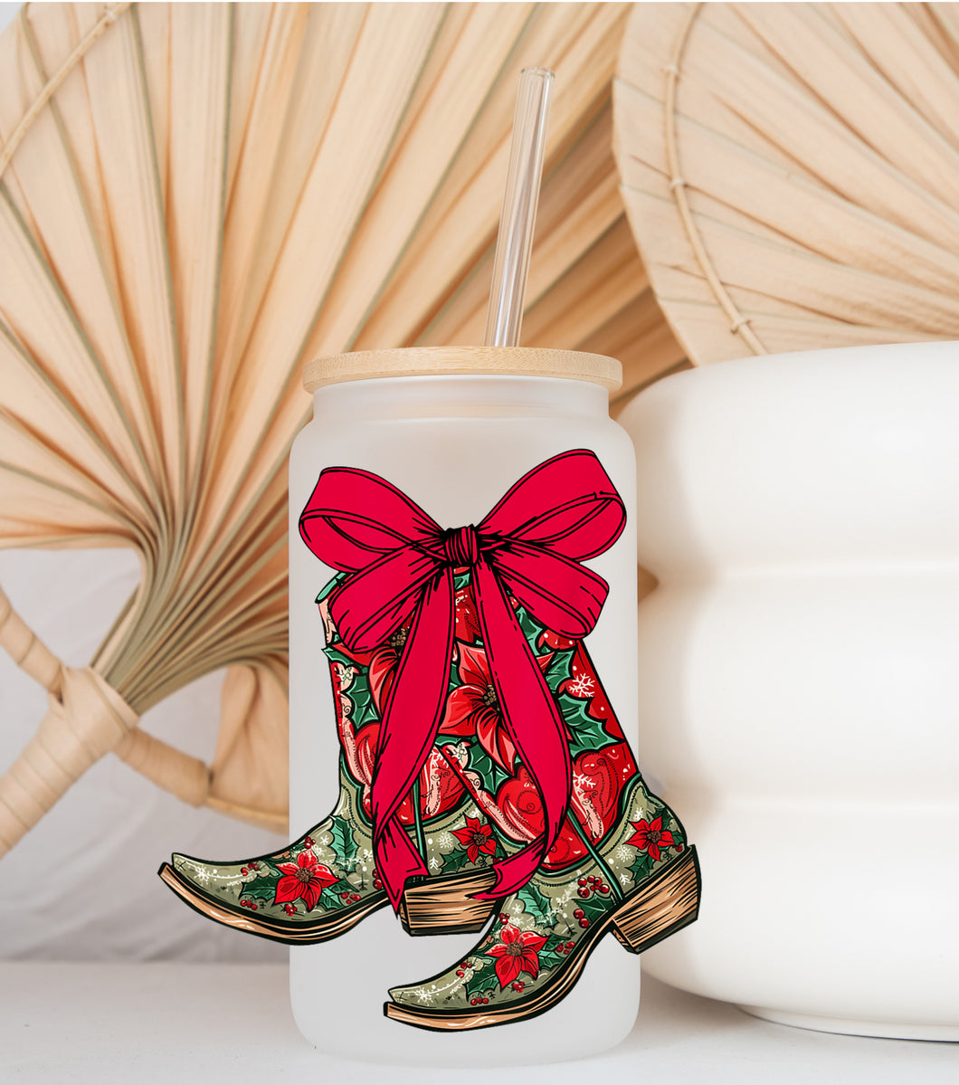 Glass Coffee Cup - Xmas Holly Boots