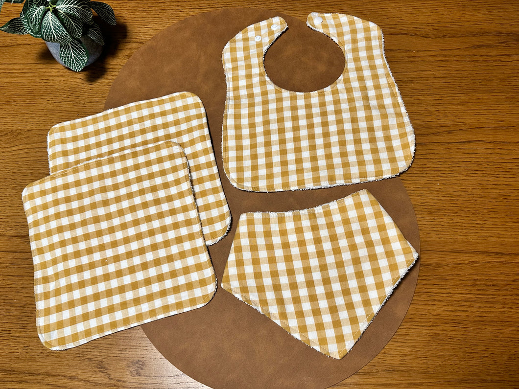 4 Piece - Bib & Wash Cloth Set - Mustard Gingham