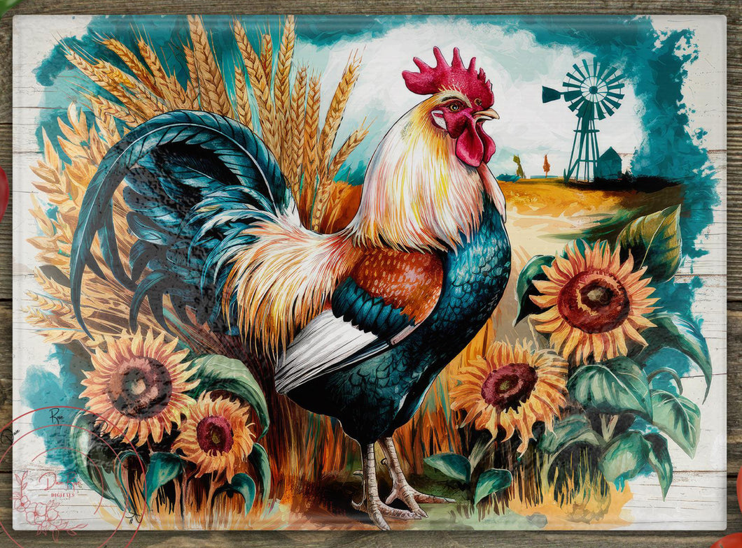 Glass Chopping Board - Sunflower Rooster