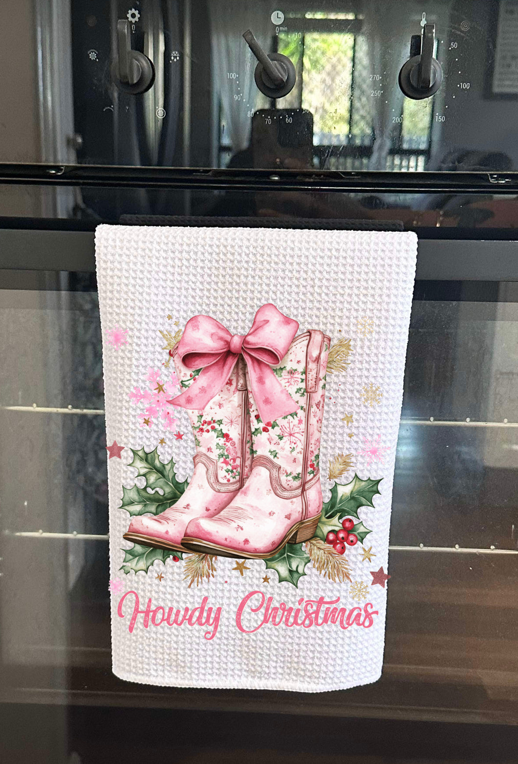 Christmas Printed Tea Towel - Pink Boots