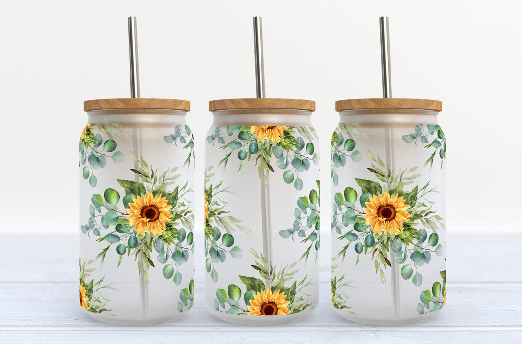 Glass Coffee Cup - Eucalyptus Sunflower