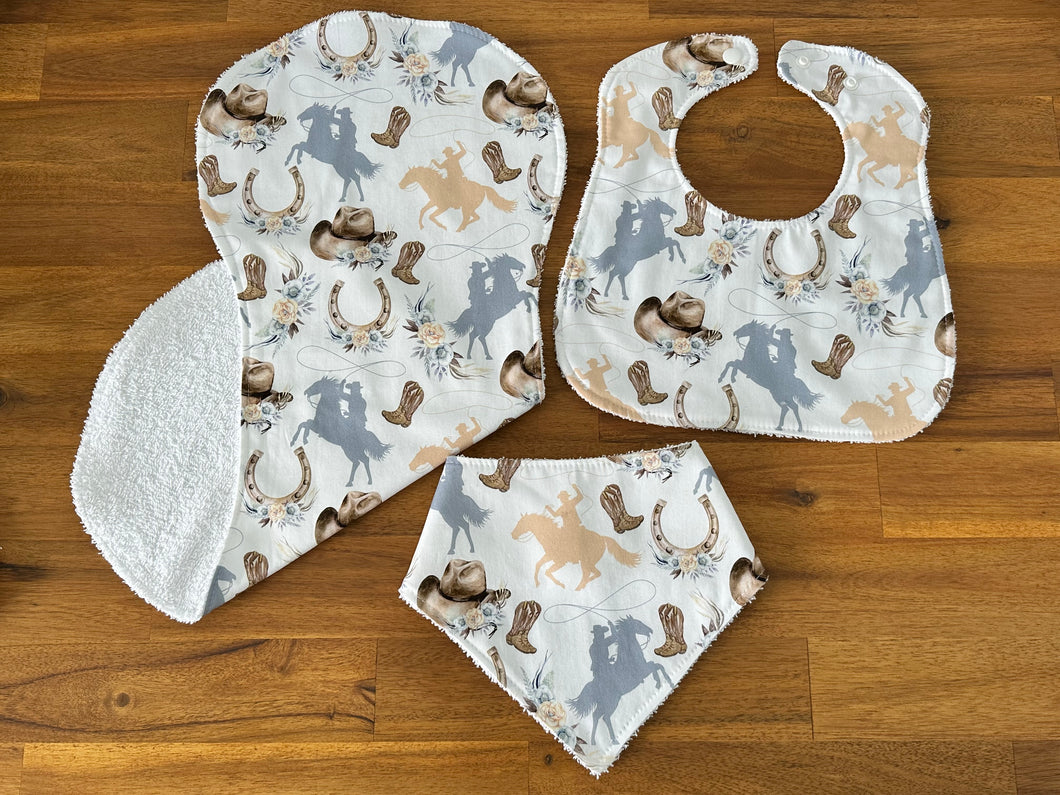 3 Piece Bib & Burp Set - Cowgirl Baby