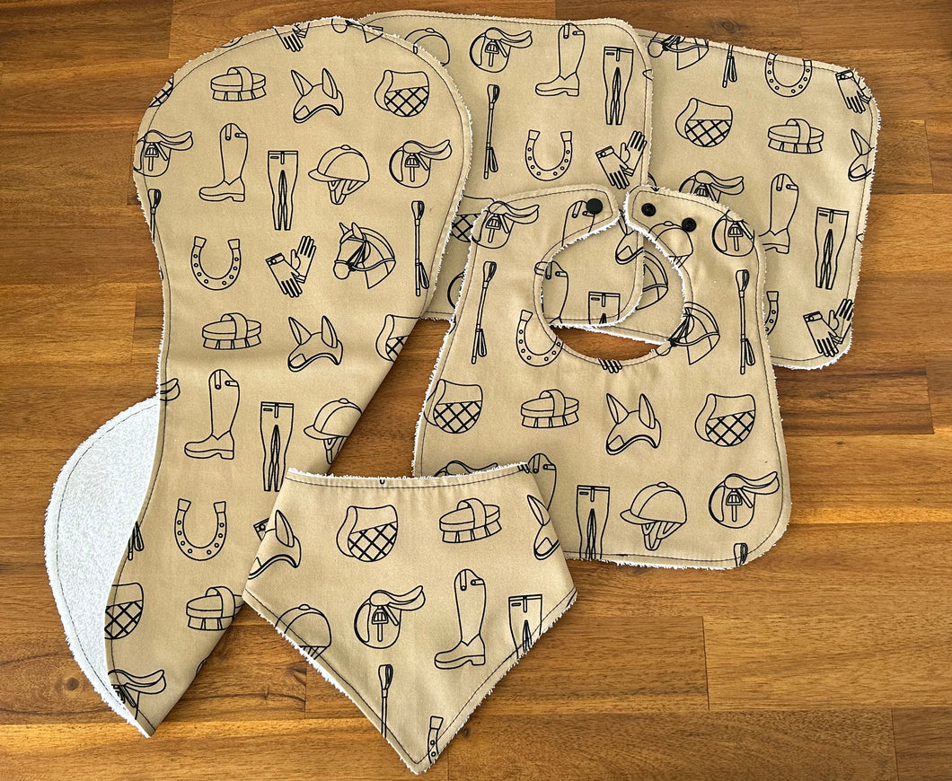 Bib, Burp & Wash Cloth Set - Equestrian - Brown