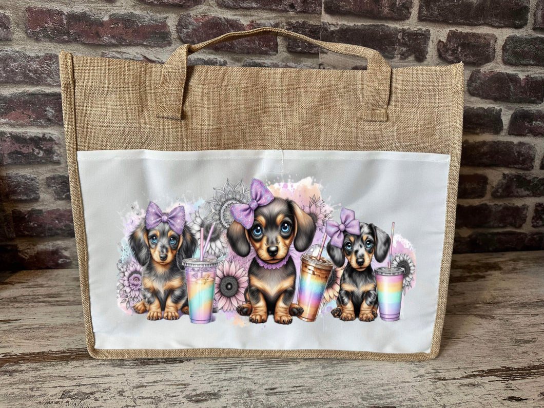 Large Canvas Tote Bag - Iced Coffee Dachshunds