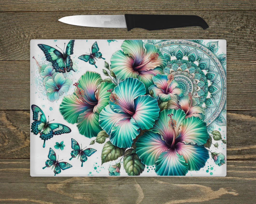 Glass Chopping Board - Hibiscus Mandala