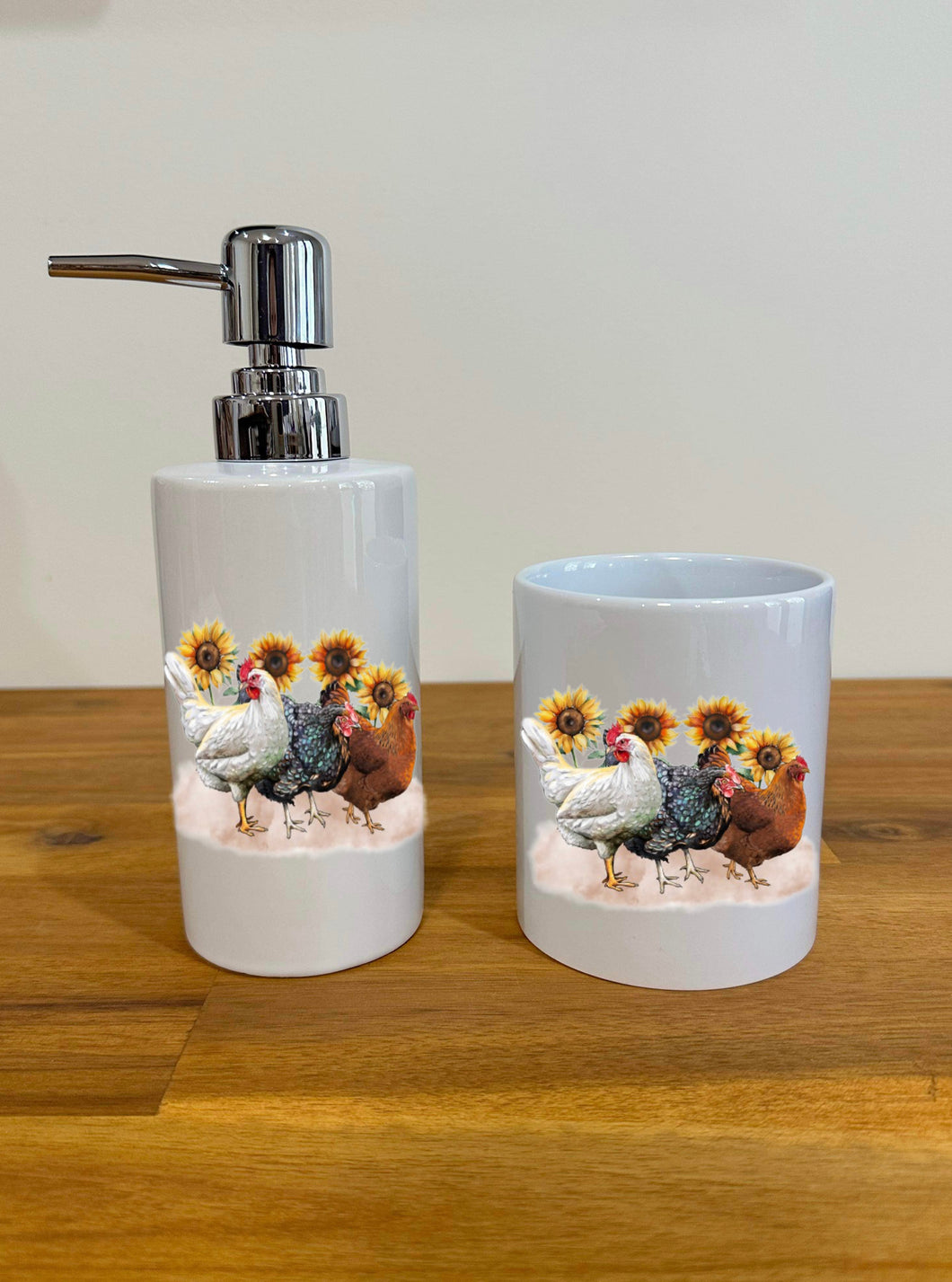 Soap Dispenser & Toothbrush Holder - Sunflower Chicken Trio