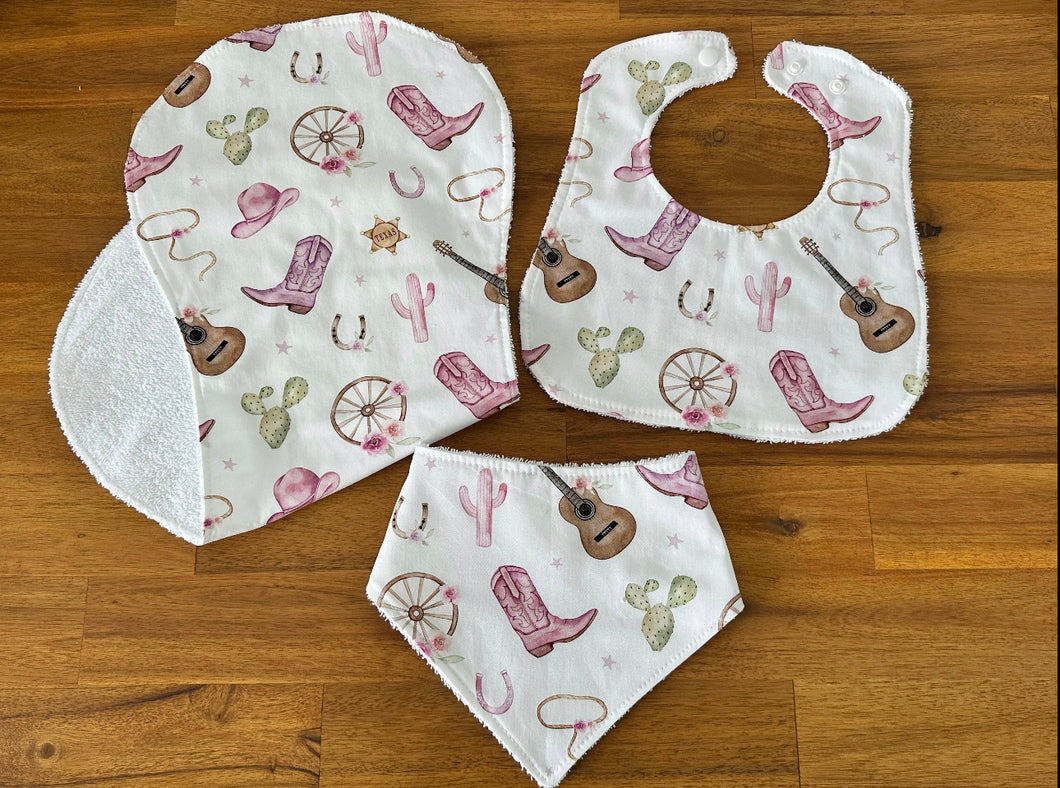SALE - 3 Piece Bib & Burp Set - Cute Cowgirl