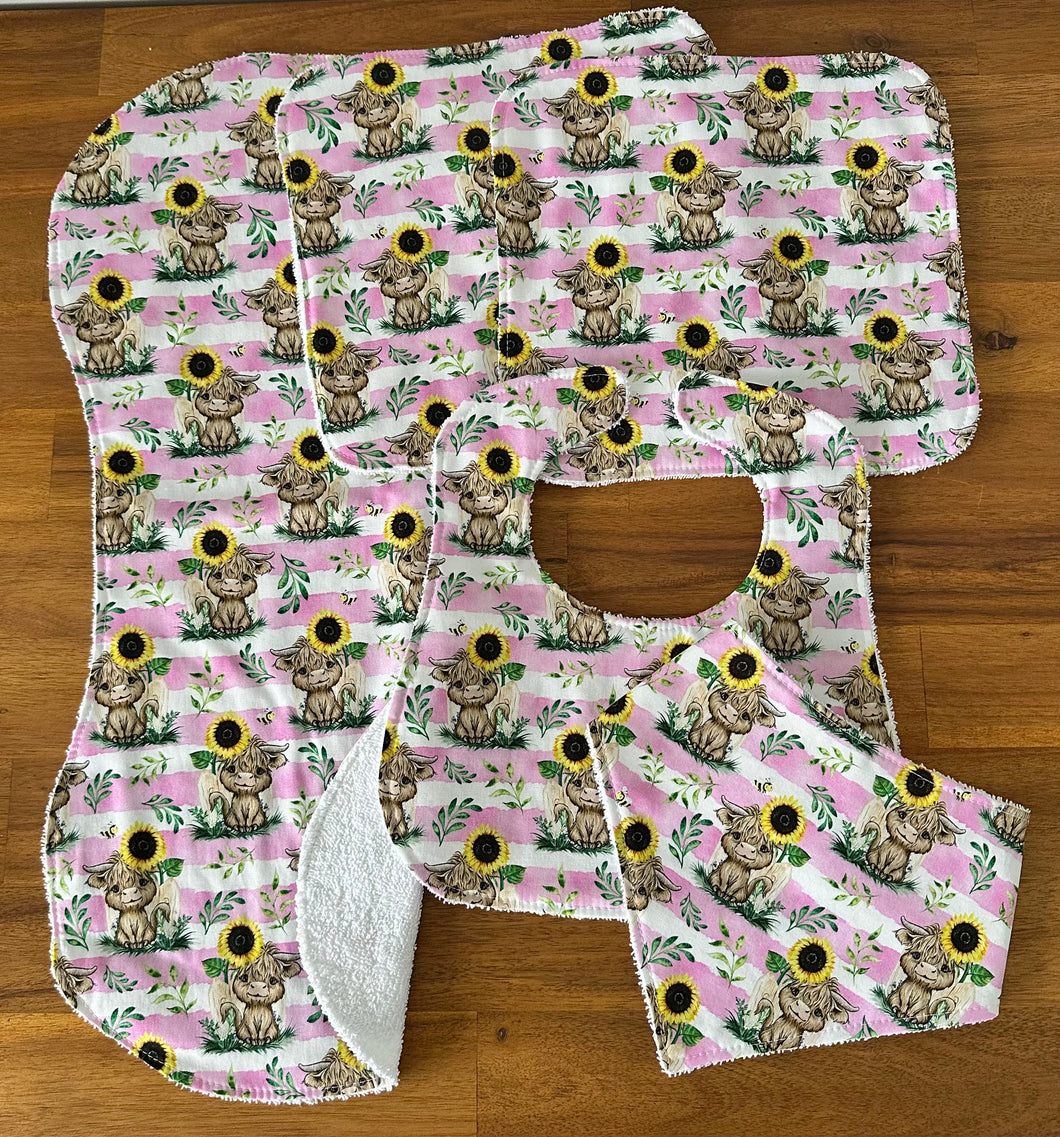 Bib, Burp & Wash Cloth Set - Pink Sunflower Highland