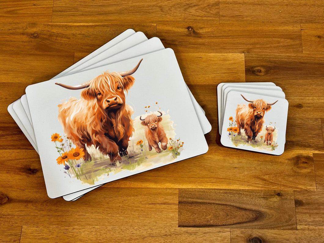 Placemat & Coaster Set - Mum & Calf Highland