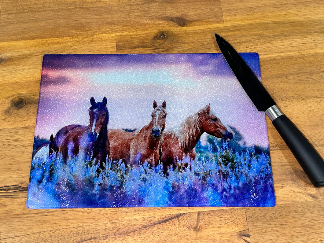 Glass Chopping Board - Lavender Horses