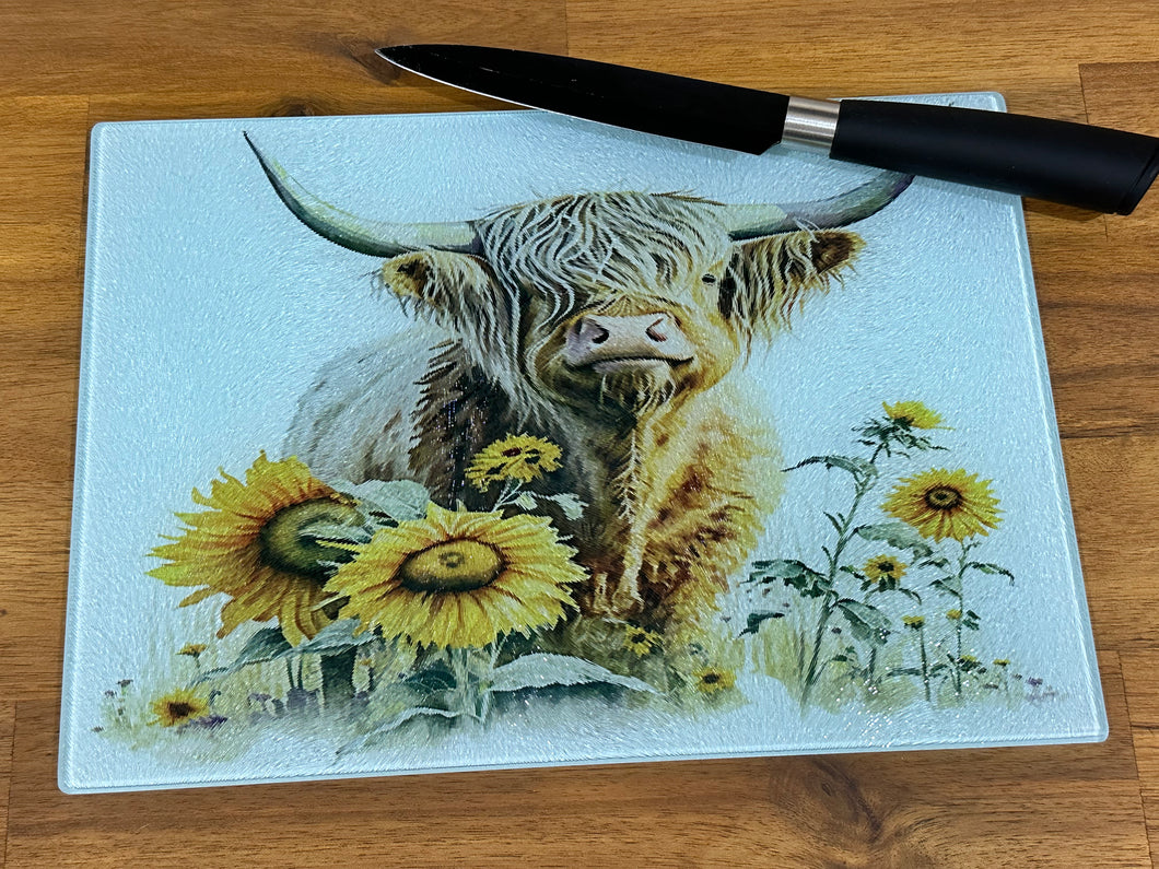 Glass Chopping Board - Sunflower Highland Cow