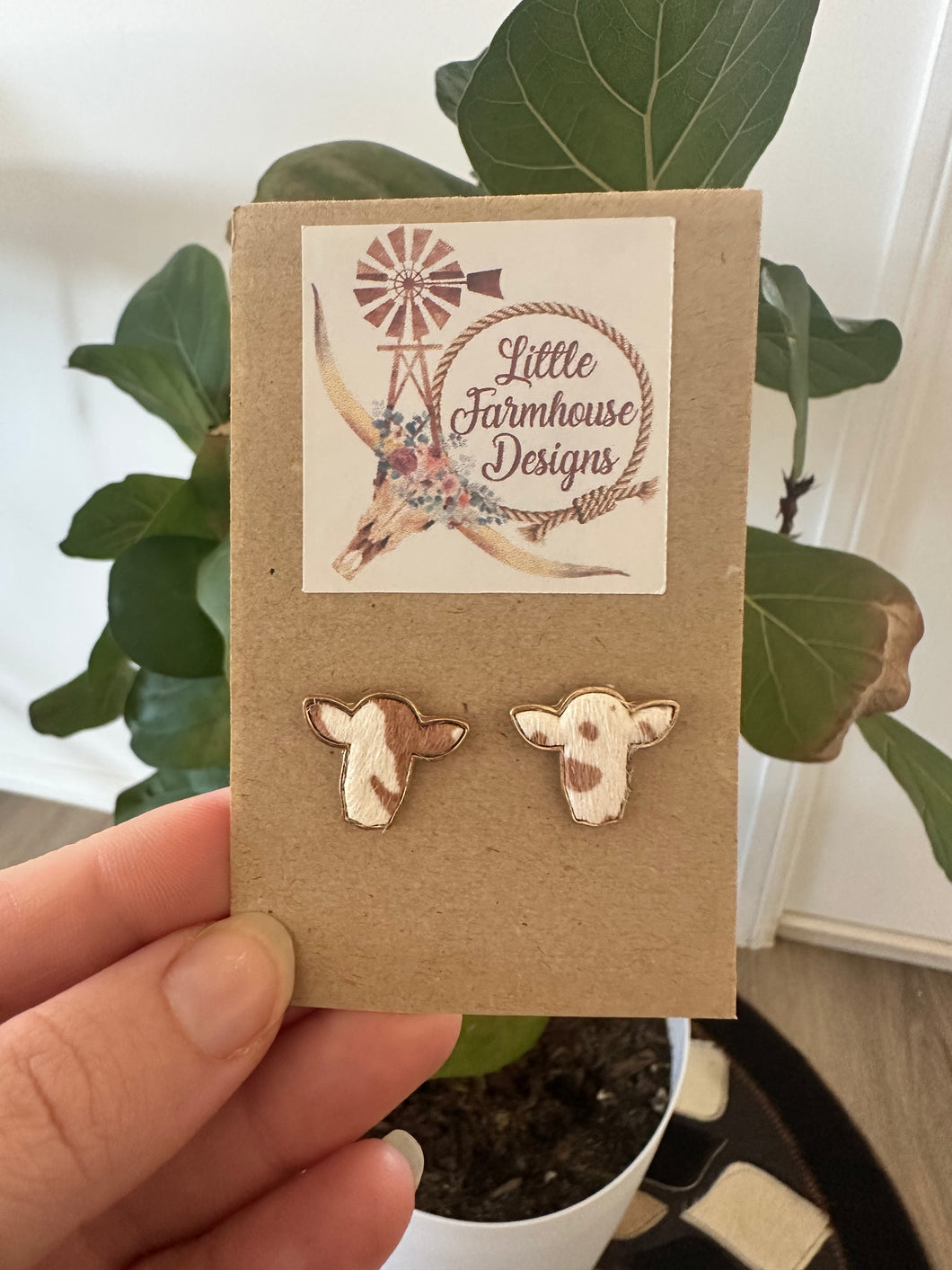 Hide Cow Head Stud Earrings - Brown & White