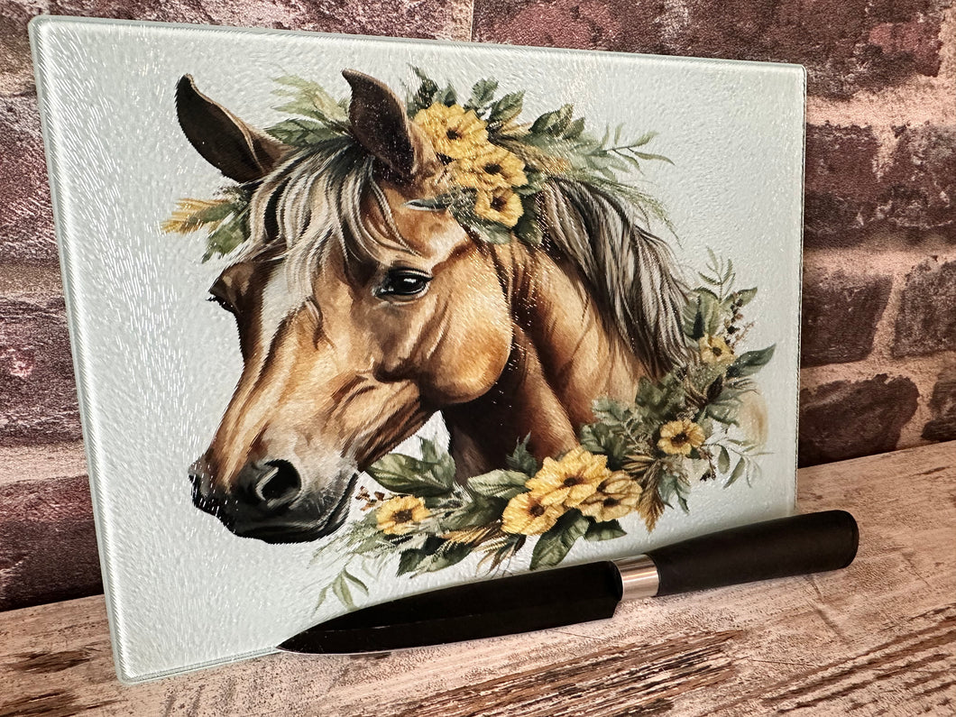 Glass Chopping Board - Floral Horse