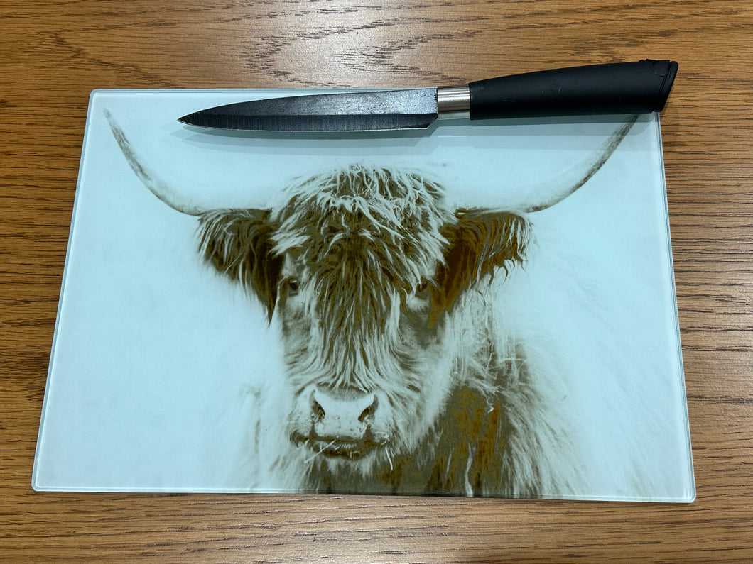 Glass Chopping Board - Black & White Highland